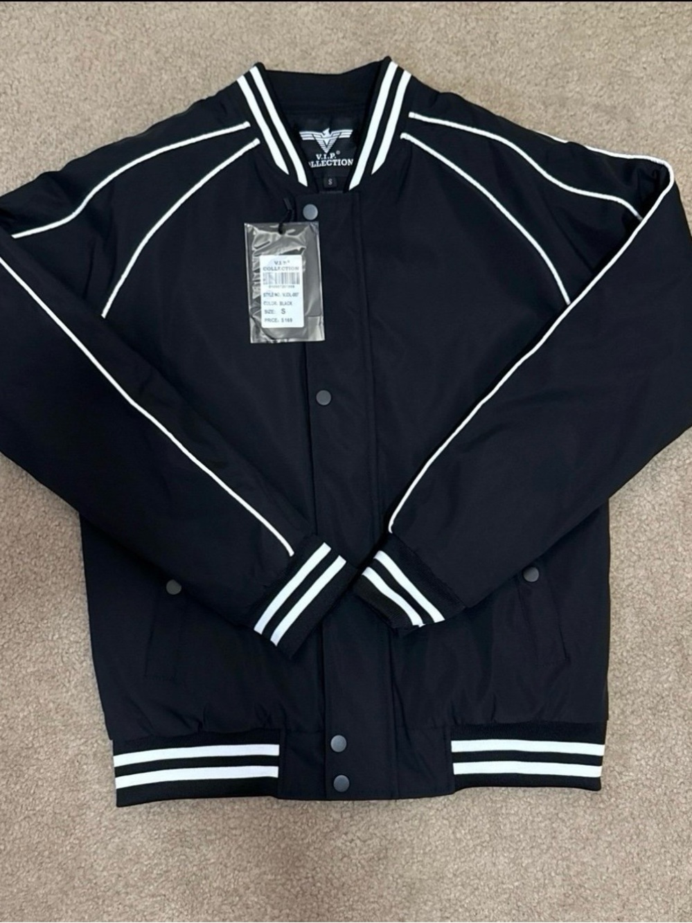 Black Varsity Bomber Jacket with White Piping and Striped Trim